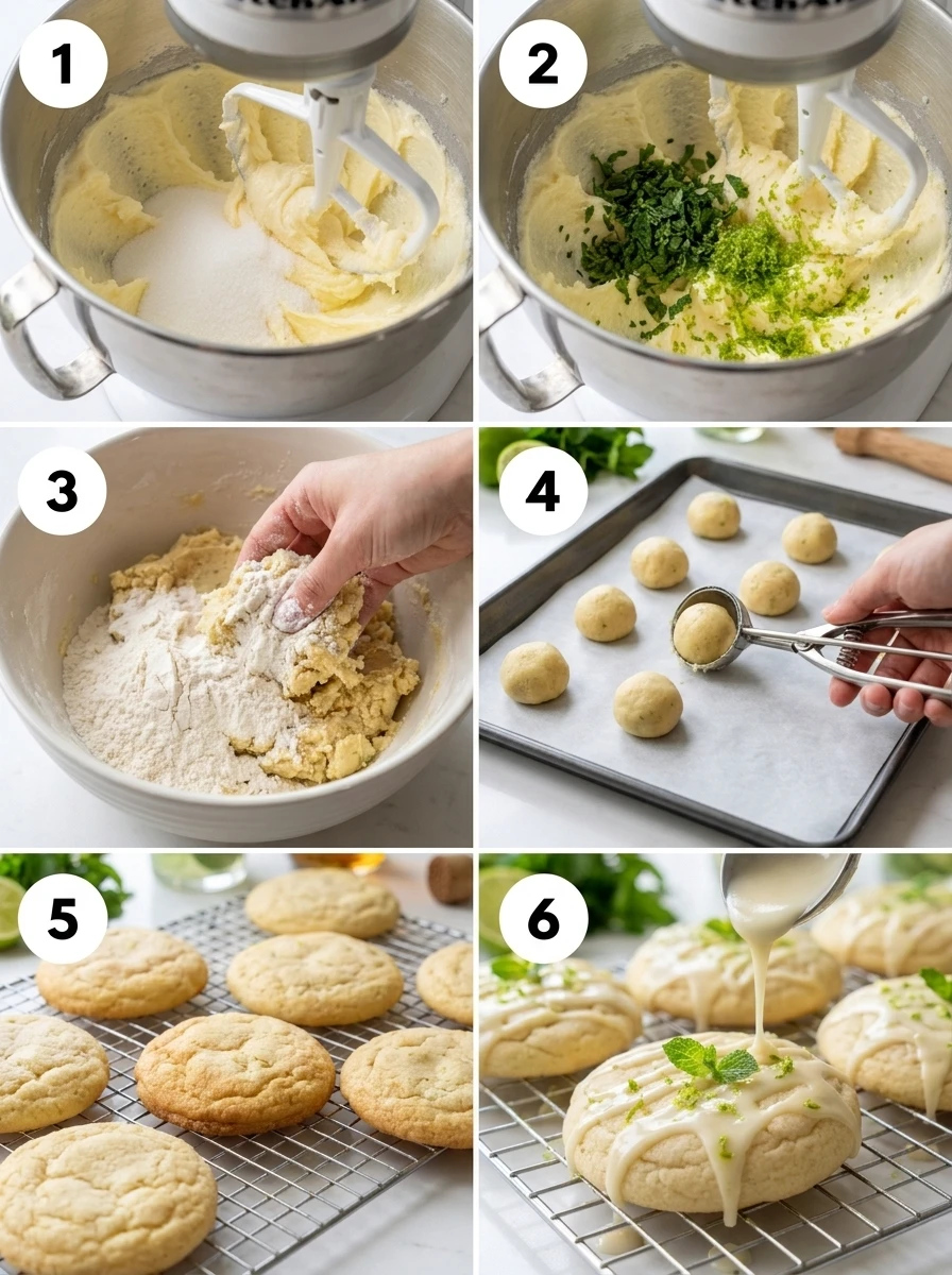 A 6-panel grid showing the step-by-step process of making Mojito Sugar Cookies, numbered 1 to 6.