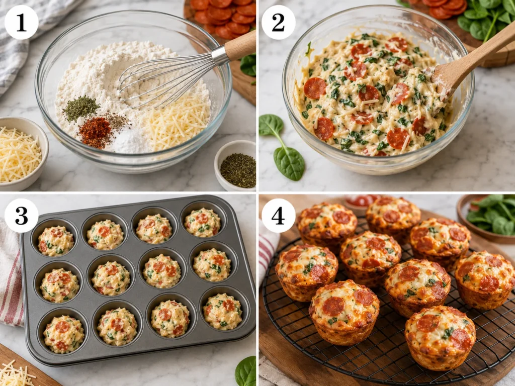 Pizza Lunch Muffins A four-panel grid showing the process of making pizza muffins from mixing to baking, with numbered steps.