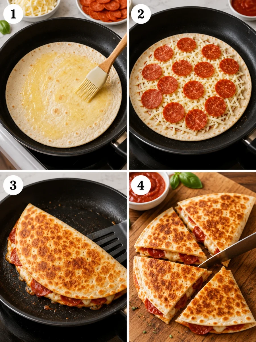 A four-panel grid showing the process of making a pizza quesadilla from buttering to slicing, with numbered steps.