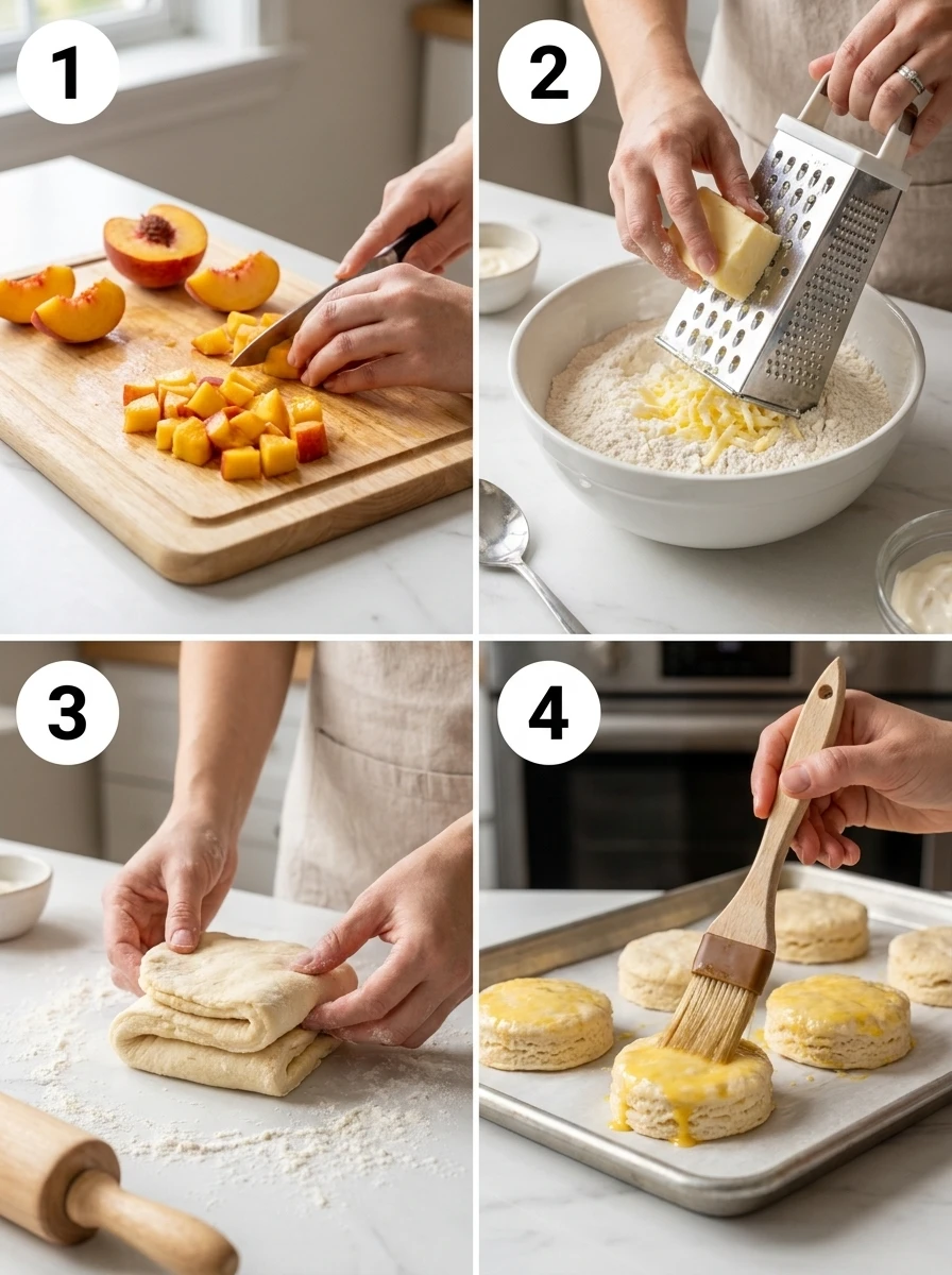 A 4-panel grid showing the process of making peach biscuits, from prepping fruit to egg washing the dough.