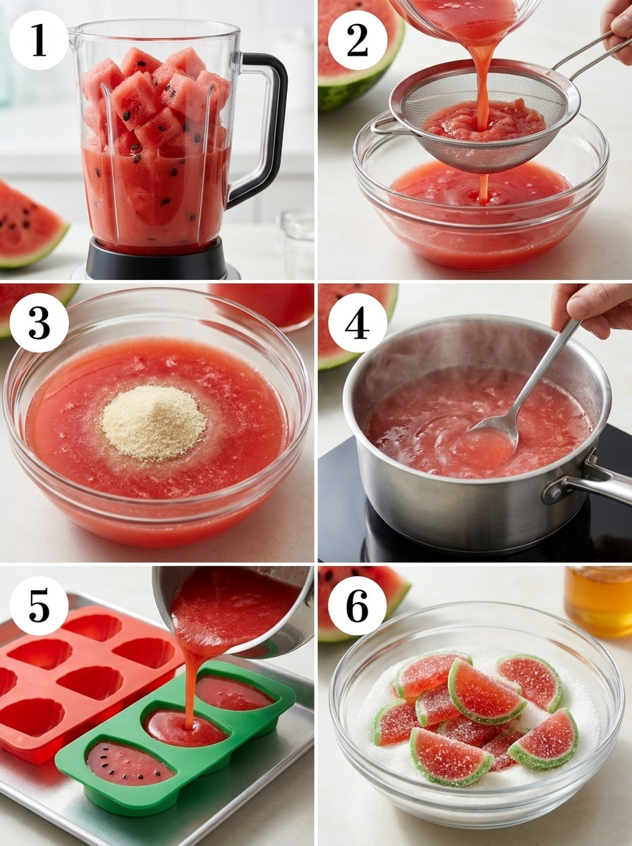 Sour Watermelon Gummie  ,A sequential grid showing the six main steps of making sour watermelon gummies, from blending to sugar coating.