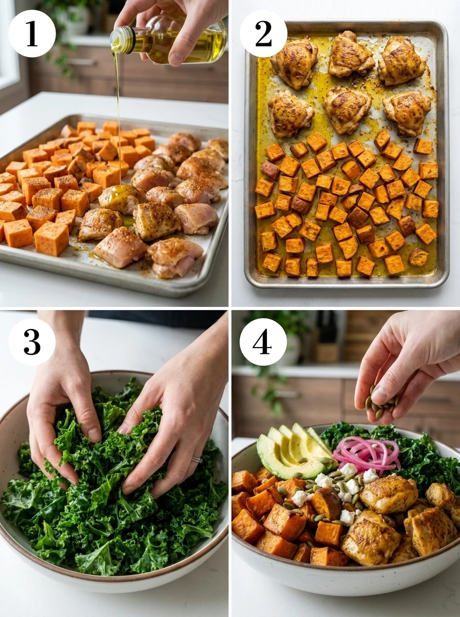 Sweet Potato And Chicken Bowls ,A four-panel grid showing the steps to make chicken and sweet potato bowls, from seasoning to final assembly.