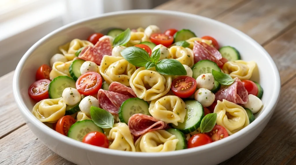 A large bowl of colorful tortellini pasta salad with tomatoes, mozzarella, and salami on a rustic wooden table.