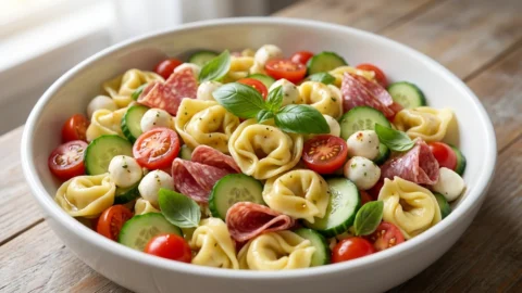 A large bowl of colorful tortellini pasta salad with tomatoes, mozzarella, and salami on a rustic wooden table.