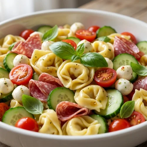 A large bowl of colorful tortellini pasta salad with tomatoes, mozzarella, and salami on a rustic wooden table.