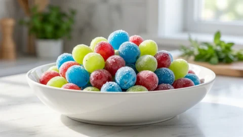 A close-up shot of colorful frozen grapes coated in bright Kool-Aid powder, glistening with frost in a white bowl.
