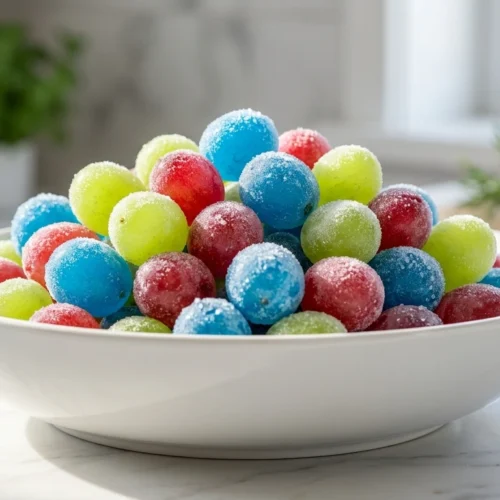 A close-up shot of colorful frozen grapes coated in bright Kool-Aid powder, glistening with frost in a white bowl.