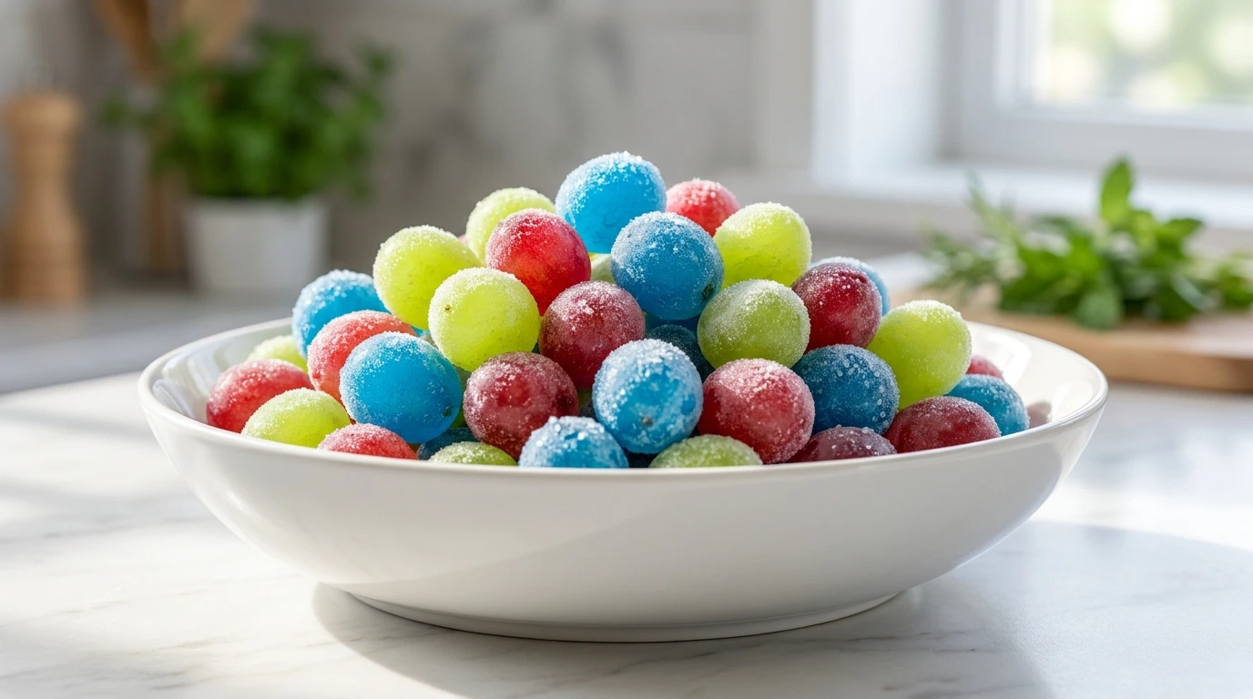 A close-up shot of colorful frozen grapes coated in bright Kool-Aid powder, glistening with frost in a white bowl.