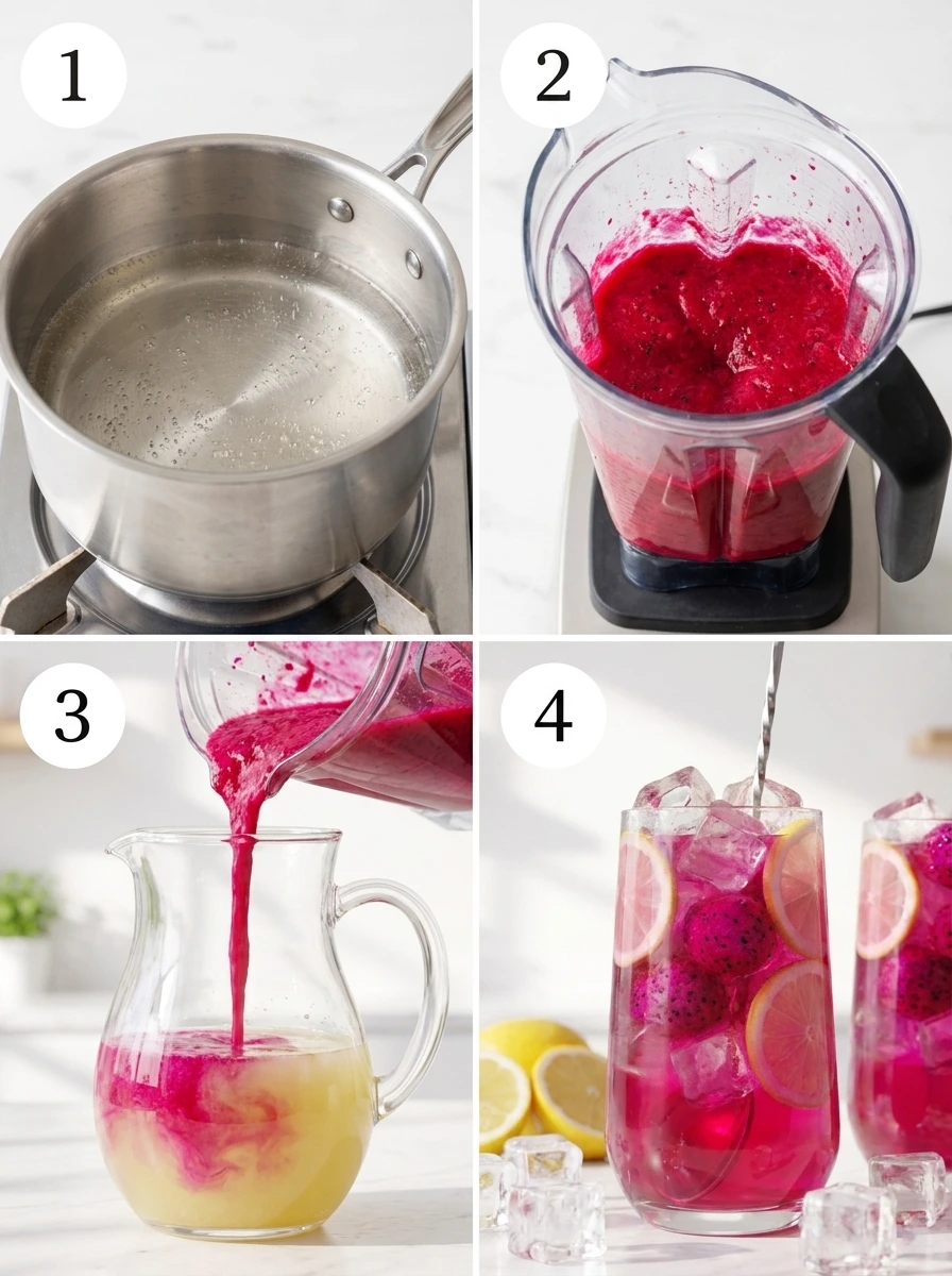 A four-panel grid showing the steps of making dragon fruit lemonade: making syrup, blending fruit, mixing, and stirring.