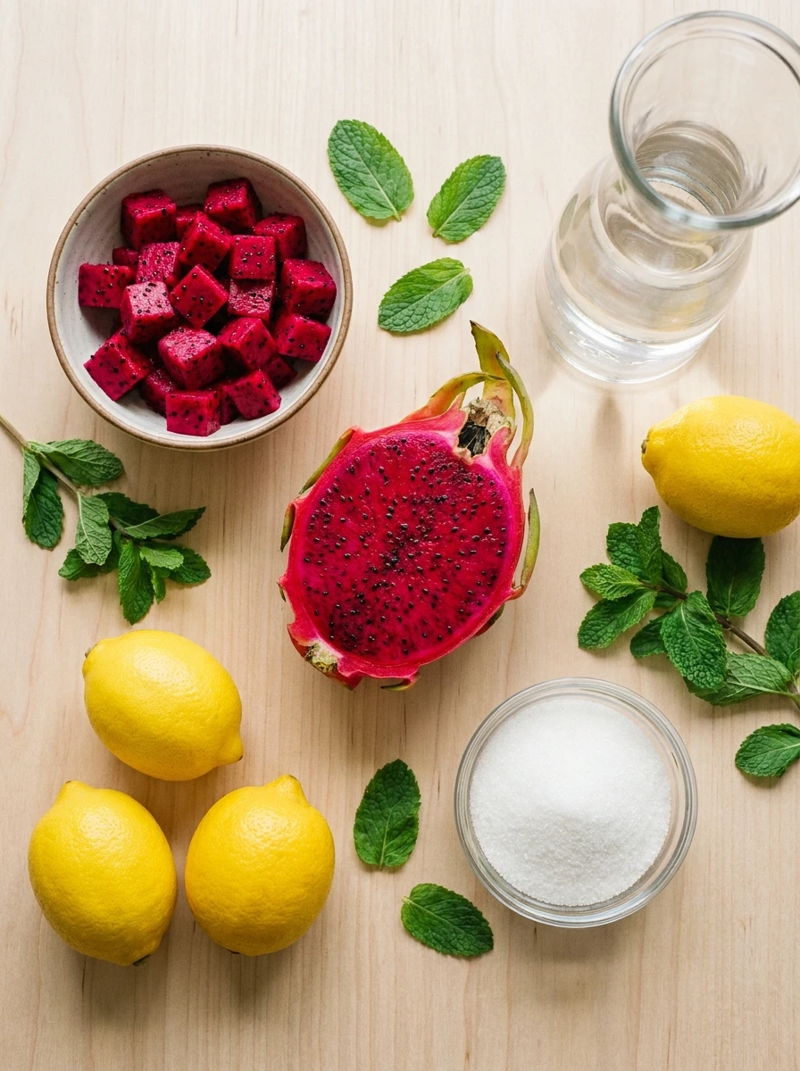 A top-down view of red dragon fruit, fresh lemons, sugar, and water on a wooden table.