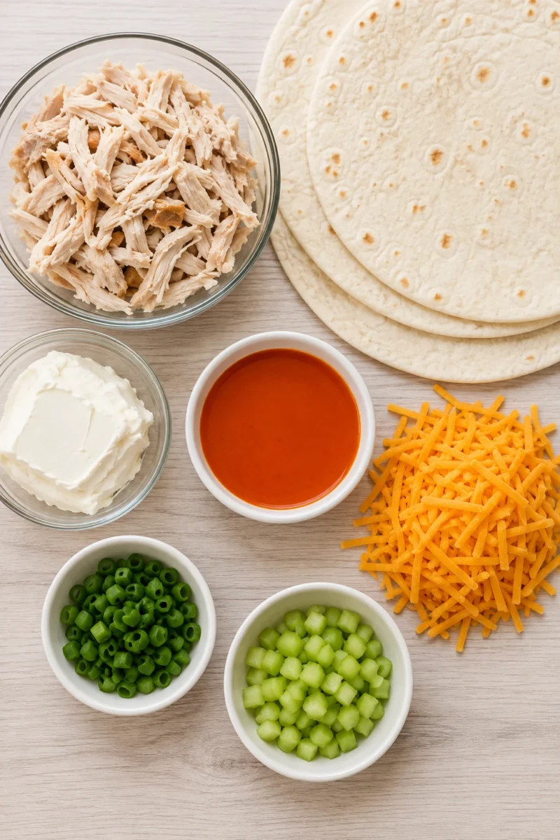 Overhead view of bowls containing shredded chicken, buffalo sauce, cream cheese, and tortillas.