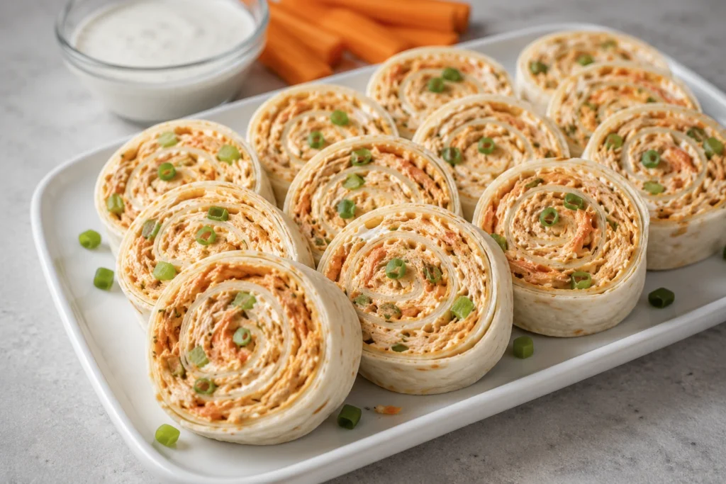 Close-up of Buffalo chicken pinwheels with orange buffalo sauce and chicken filling on a white platter.