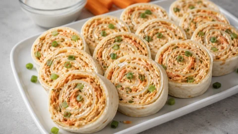 Close-up of Buffalo chicken pinwheels with orange buffalo sauce and chicken filling on a white platter.