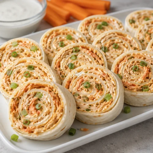 Close-up of Buffalo chicken pinwheels with orange buffalo sauce and chicken filling on a white platter.