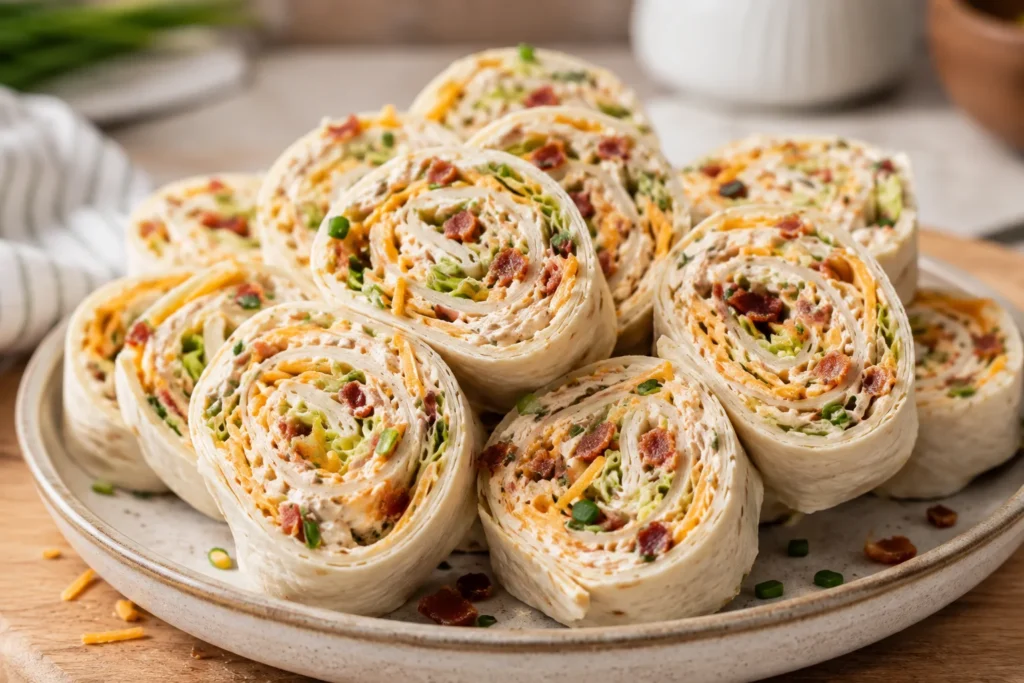 A close-up shot of several cheesy chicken pinwheels with shredded chicken, cheddar, and turkey bacon rolled in flour tortillas.