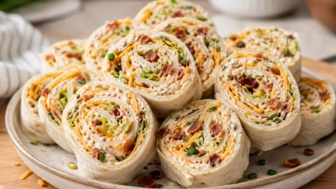 A close-up shot of several cheesy chicken pinwheels with shredded chicken, cheddar, and turkey bacon rolled in flour tortillas.