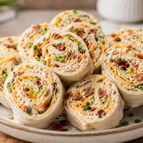 A close-up shot of several cheesy chicken pinwheels with shredded chicken, cheddar, and turkey bacon rolled in flour tortillas.