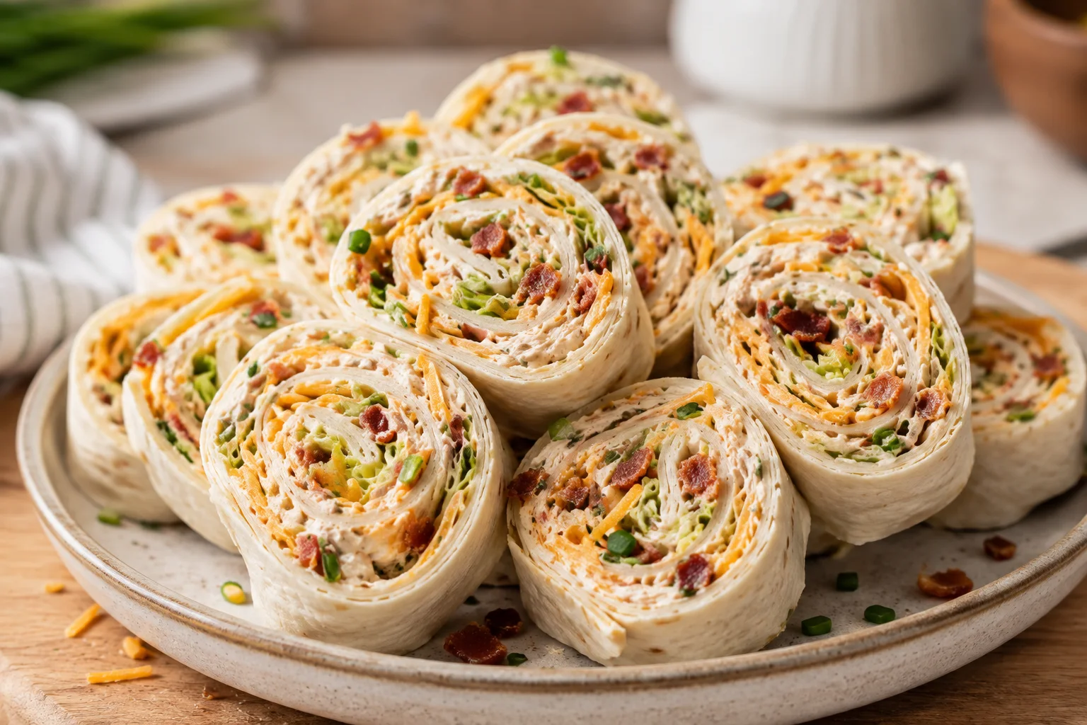 A close-up shot of several cheesy chicken pinwheels with shredded chicken, cheddar, and turkey bacon rolled in flour tortillas.