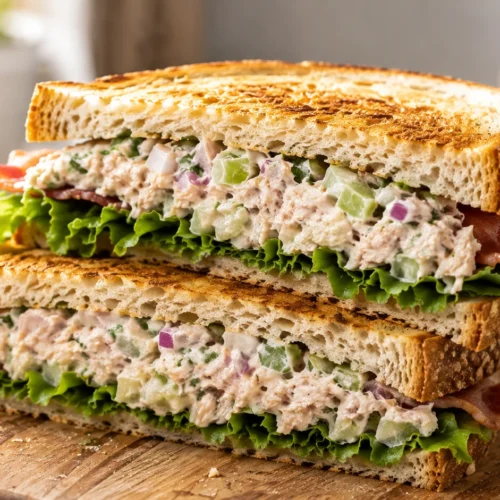 A close-up, high-angle shot of a thick tuna salad sandwich with lettuce and turkey bacon on toasted sourdough bread, sliced in half on a wooden board.