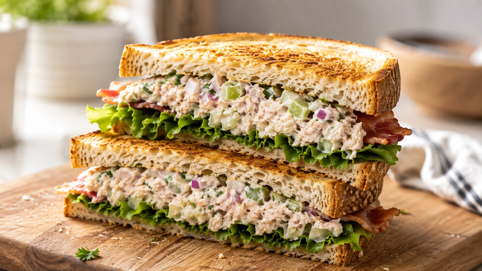 A close-up, high-angle shot of a thick tuna salad sandwich with lettuce and turkey bacon on toasted sourdough bread, sliced in half on a wooden board.