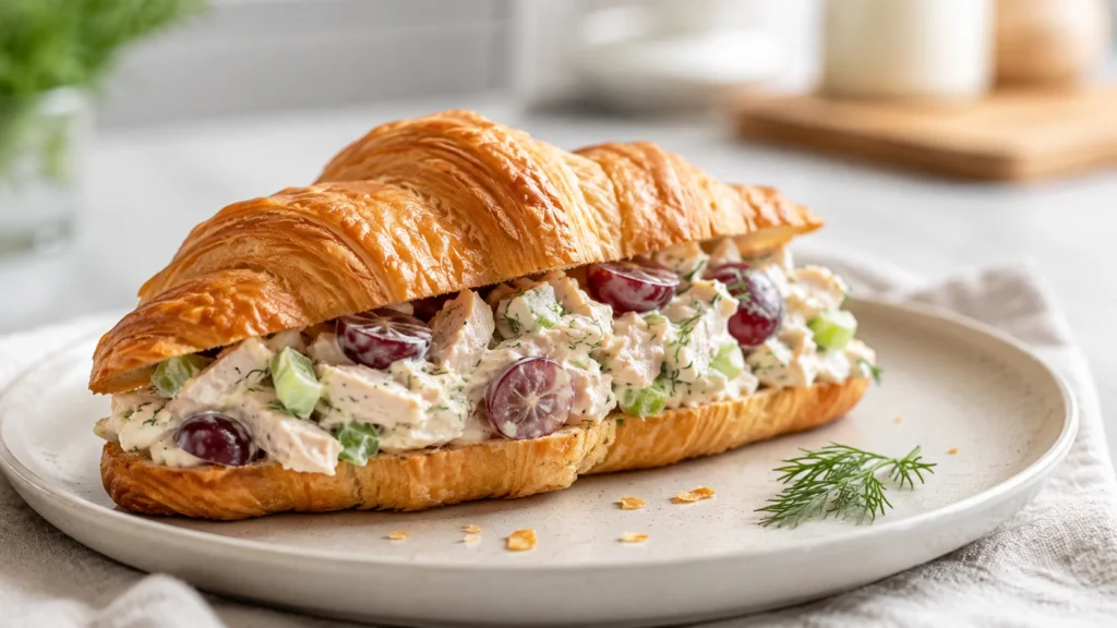 A close-up of a chicken salad sandwich on a croissant with grapes and celery on a white plate.