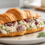 A close-up of a chicken salad sandwich on a croissant with grapes and celery on a white plate.