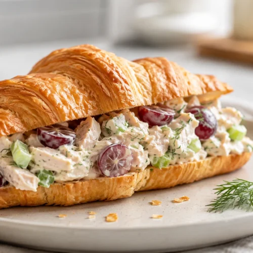 A close-up of a chicken salad sandwich on a croissant with grapes and celery on a white plate.