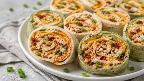 Close-up of colorful chicken pinwheels made with flour and spinach tortillas, filled with shredded chicken, cheese, and buffalo sauce.