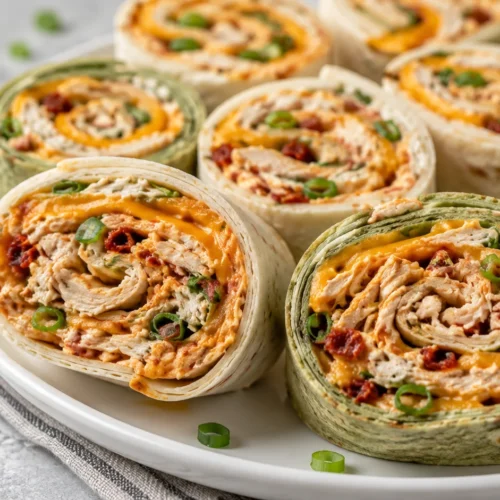 Close-up of colorful chicken pinwheels made with flour and spinach tortillas, filled with shredded chicken, cheese, and buffalo sauce.