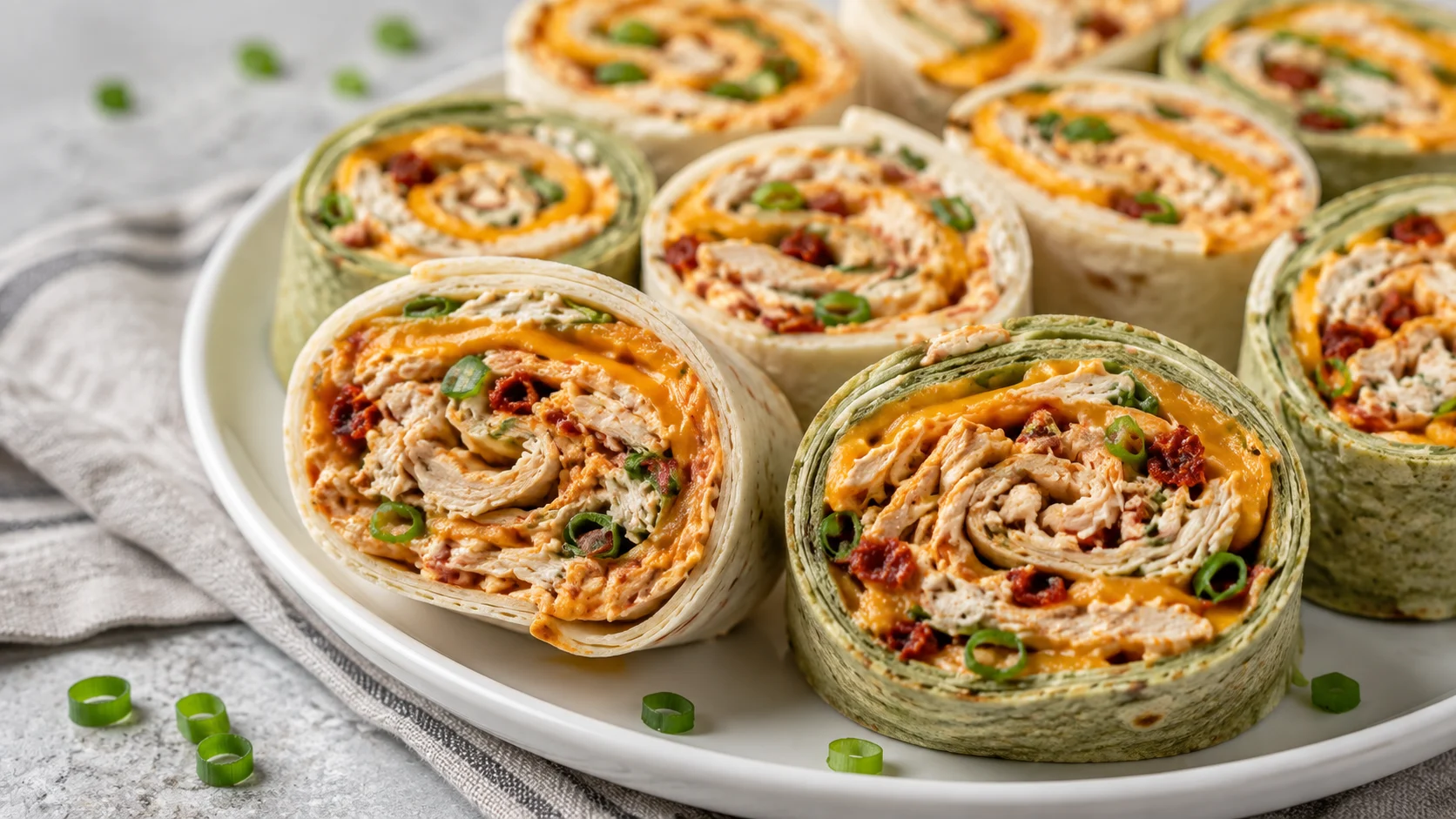 Close-up of colorful chicken pinwheels made with flour and spinach tortillas, filled with shredded chicken, cheese, and buffalo sauce.