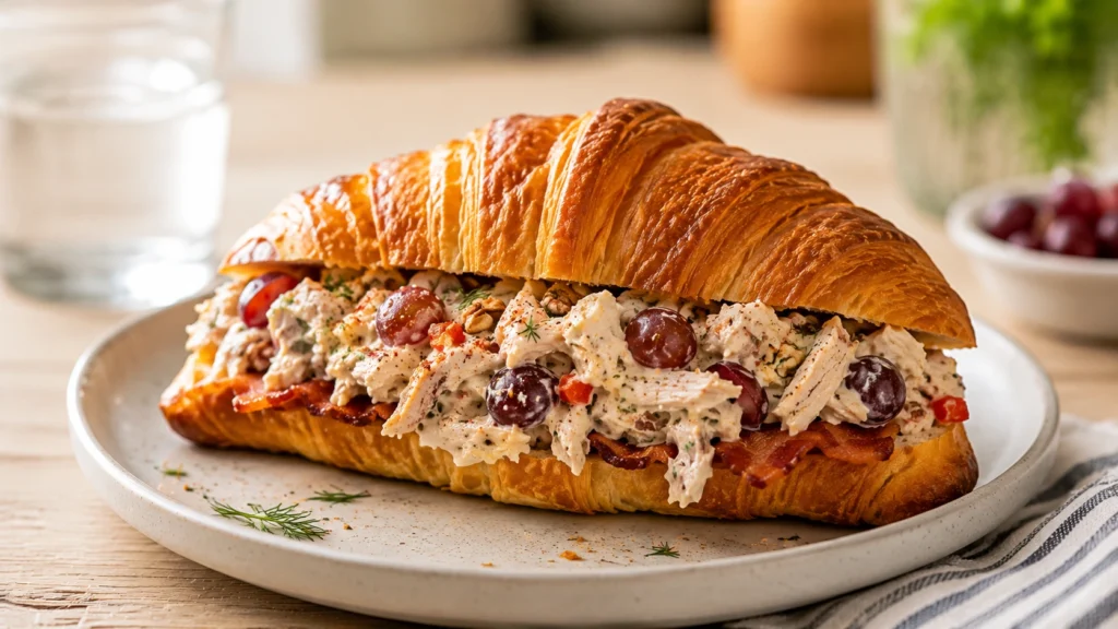 A close-up of a chicken salad sandwich on a buttery croissant with grapes, pecans, and turkey bacon on a white plate.