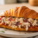 A close-up of a chicken salad sandwich on a buttery croissant with grapes, pecans, and turkey bacon on a white plate.