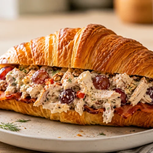 A close-up of a chicken salad sandwich on a buttery croissant with grapes, pecans, and turkey bacon on a white plate.