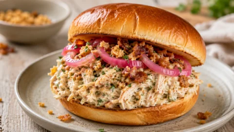 A close-up of a shredded chicken sandwich with cream sauce and beef bacon on a toasted bun.