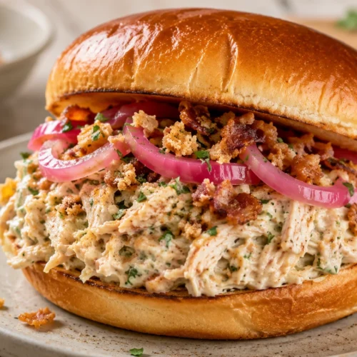 A close-up of a shredded chicken sandwich with cream sauce and beef bacon on a toasted bun.