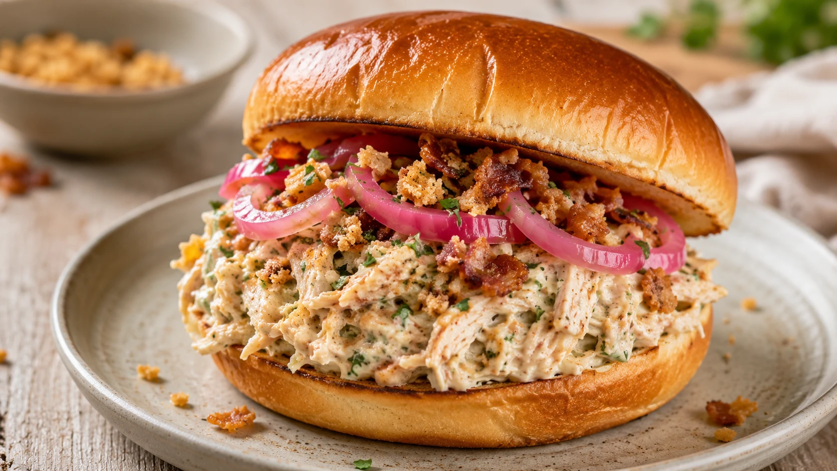 A close-up of a shredded chicken sandwich with cream sauce and beef bacon on a toasted bun.