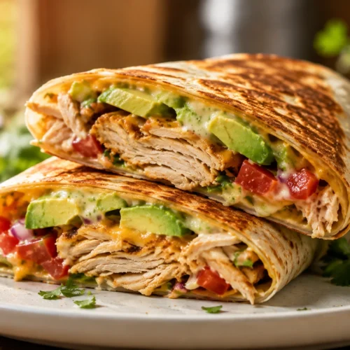 Two halves of a golden-brown toasted chicken avocado wrap stacked on a plate, showing the colorful filling of chicken, avocado, and tomatoes.