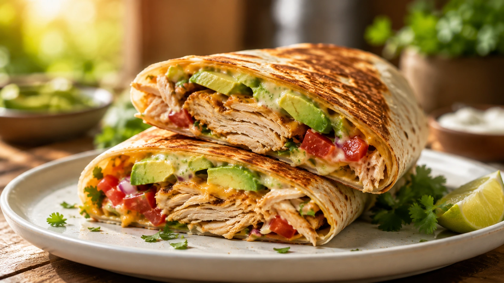 Two halves of a golden-brown toasted chicken avocado wrap stacked on a plate, showing the colorful filling of chicken, avocado, and tomatoes.