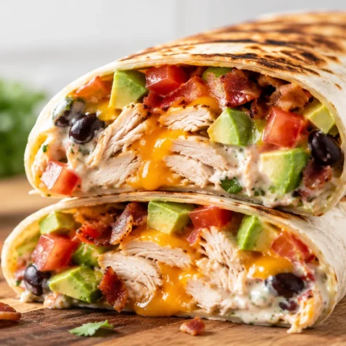 A golden-brown toasted chicken wrap sliced in half, showing a filling of shredded chicken, avocado, tomato, black beans, and melted cheese.