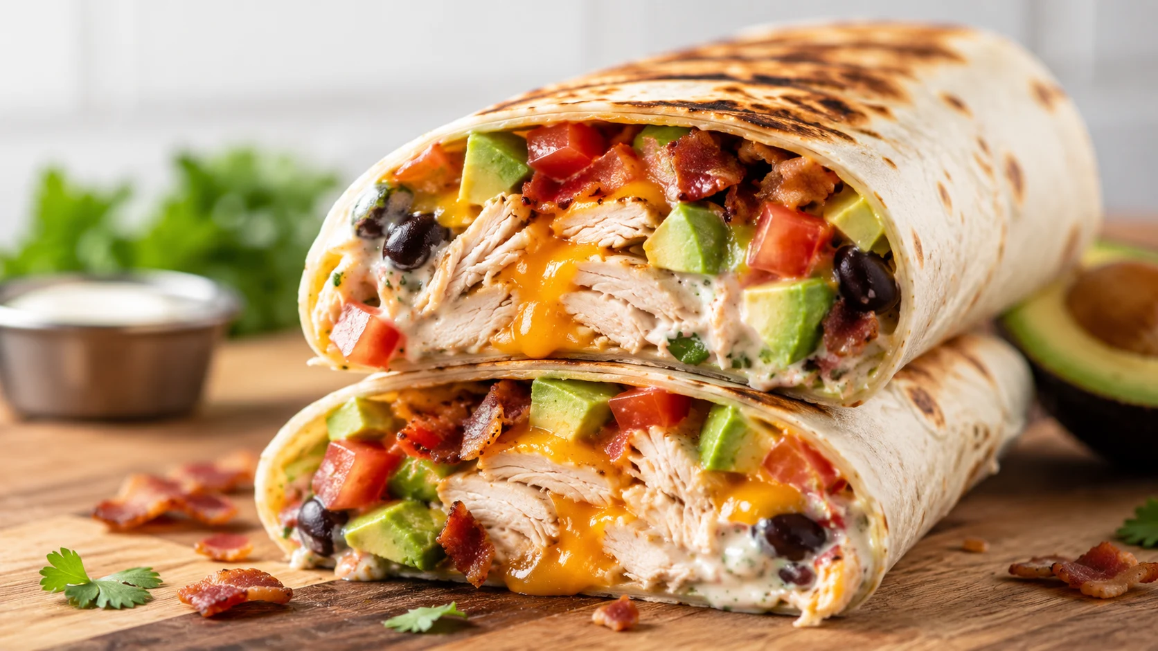 A golden-brown toasted chicken wrap sliced in half, showing a filling of shredded chicken, avocado, tomato, black beans, and melted cheese.
