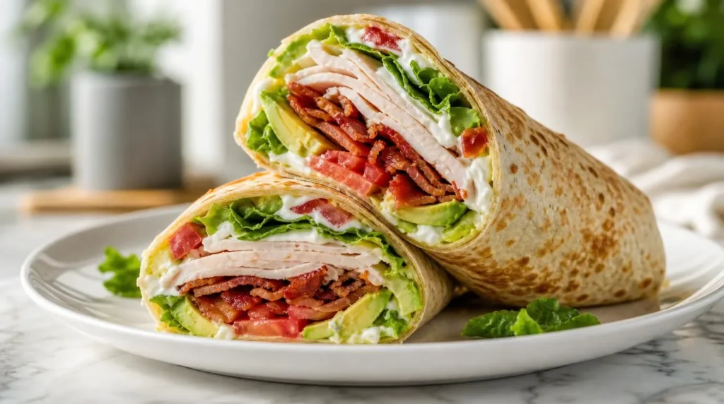 A close-up of a Turkey Club Wrap sliced in half, showing layers of turkey, bacon, avocado, and lettuce.