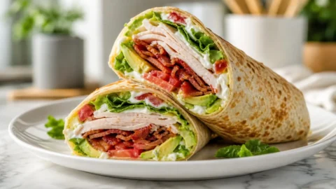 A close-up of a Turkey Club Wrap sliced in half, showing layers of turkey, bacon, avocado, and lettuce.