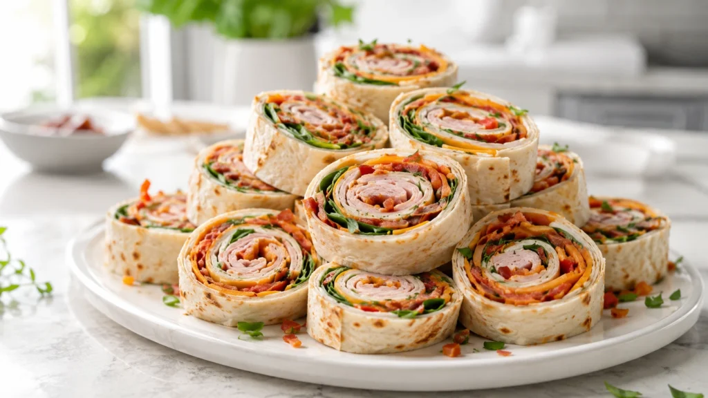 A close-up stack of colorful turkey pinwheels filled with deli meat, cheese, and fresh vegetables on a white plate.