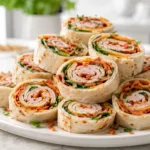A close-up stack of colorful turkey pinwheels filled with deli meat, cheese, and fresh vegetables on a white plate.