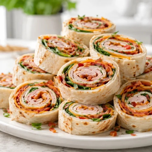 A close-up stack of colorful turkey pinwheels filled with deli meat, cheese, and fresh vegetables on a white plate.