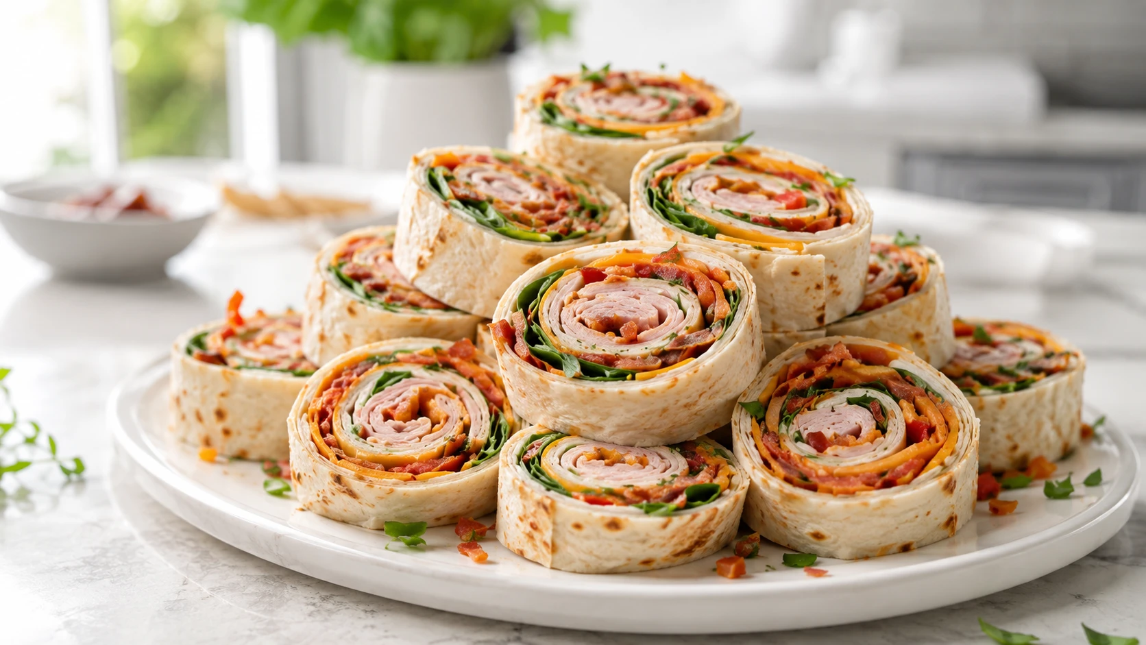A close-up stack of colorful turkey pinwheels filled with deli meat, cheese, and fresh vegetables on a white plate.