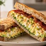 A close-up of a sliced egg salad sandwich on toasted sourdough with creamy egg filling, fresh dill, and crispy turkey bacon.