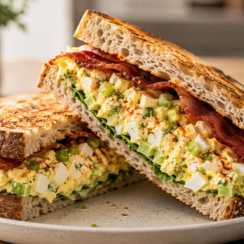 A close-up of a sliced egg salad sandwich on toasted sourdough with creamy egg filling, fresh dill, and crispy turkey bacon.
