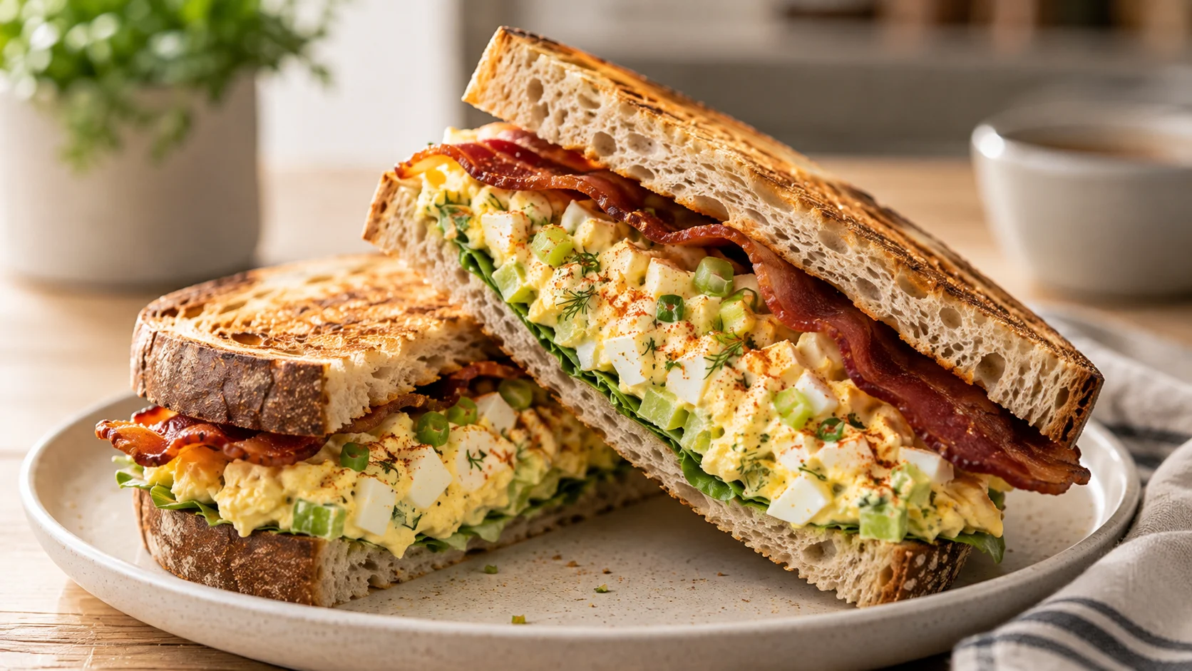 A close-up of a sliced egg salad sandwich on toasted sourdough with creamy egg filling, fresh dill, and crispy turkey bacon.