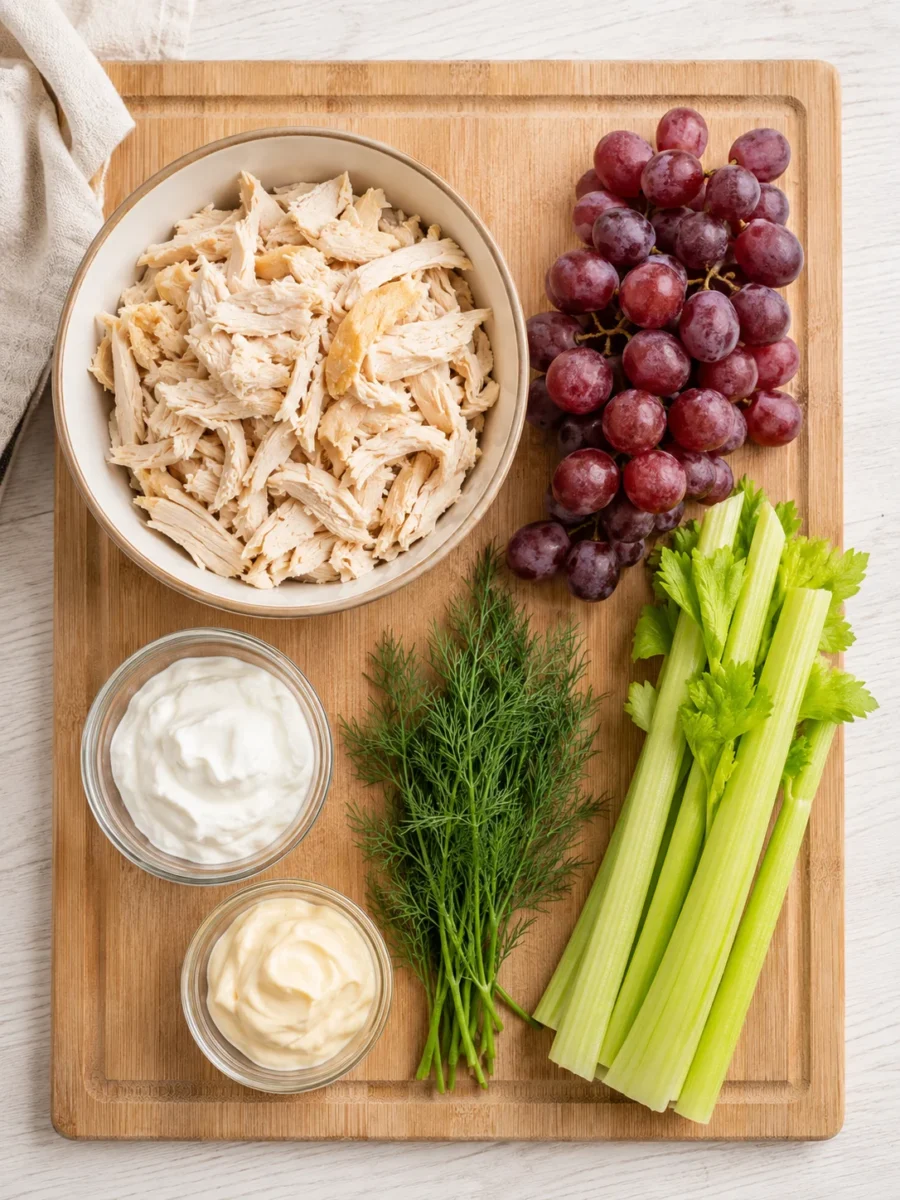Overhead view of shredded chicken, red grapes, celery, and dressing ingredients on a wooden board.